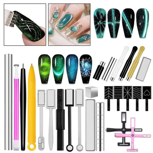 Nail art magnetic stick wand pen kit with 3D cat eye gel polish and multiple magnet designs for UV gel manicure tools