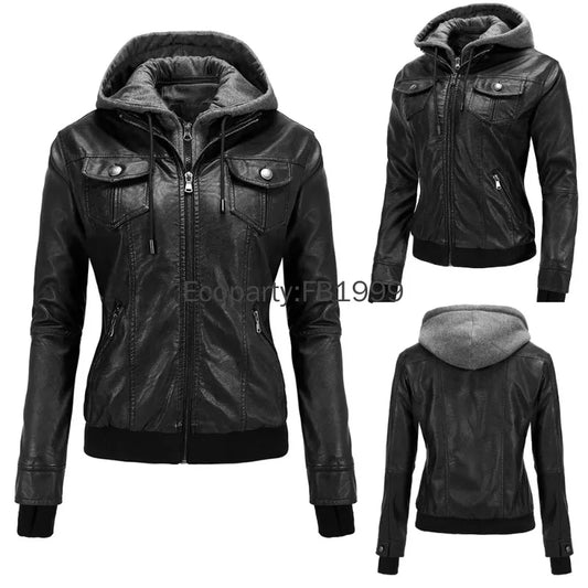 Autumn Winter Women's Motorcycle Jacket Black Slim - Hiddengem