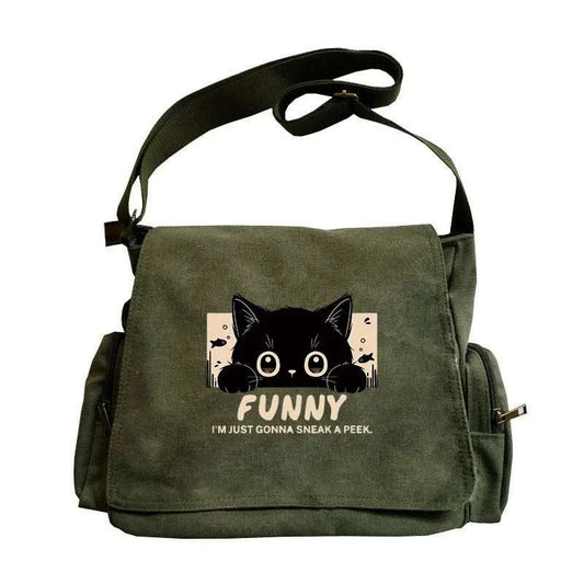 Classic women's crossbody bag with cute black cat print and adjustable shoulder strap in green canvas material