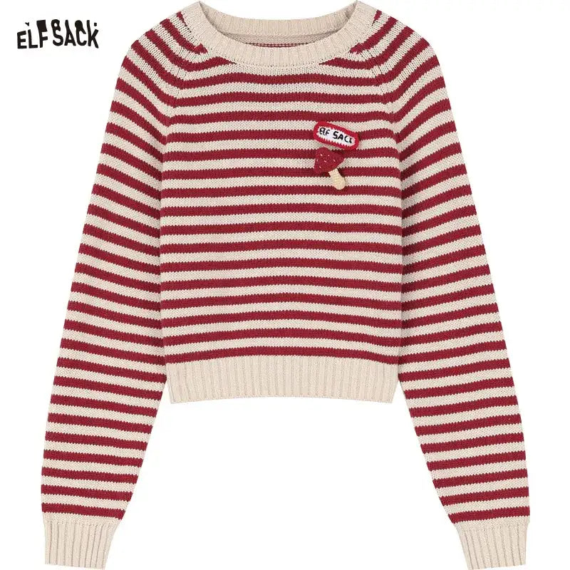 Casual Versatile Red Stripe Slim Fit Short Round Neck Sweater Women - Hiddengem