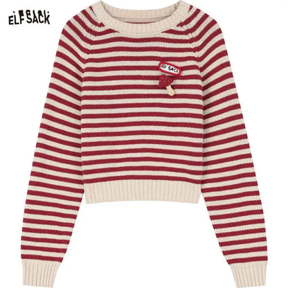 Casual Versatile Red Stripe Slim Fit Short Round Neck Sweater Women - Hiddengem