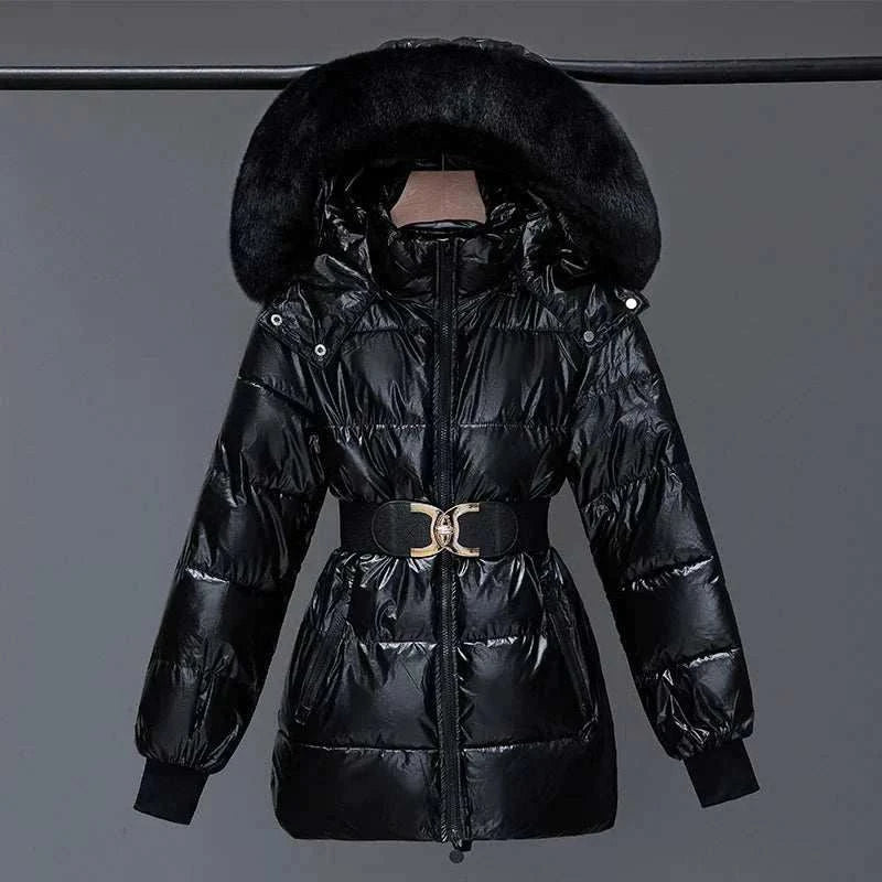 Black shiny fancy warm ladies fashion jacket with hooded faux fur collar and belted waist.