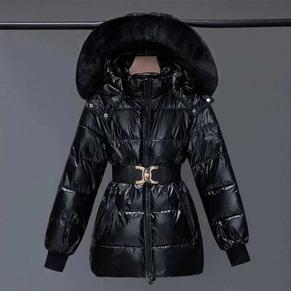 Black shiny fancy warm ladies fashion jacket with hooded faux fur collar and belted waist.