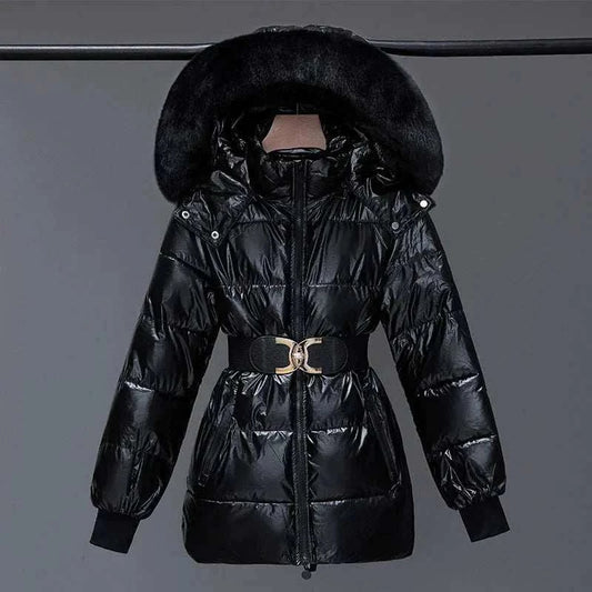 Black shiny fancy warm ladies fashion jacket with hooded faux fur collar and belted waist.