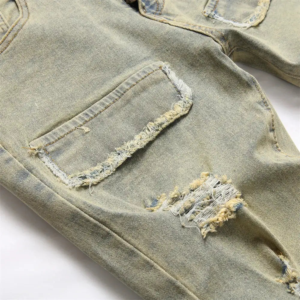 Streetwear Retro Style Men Ripped Spliced Slim Jeans