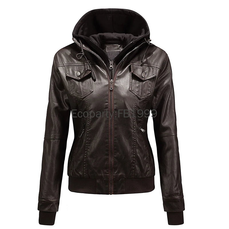 Autumn Winter Women's Motorcycle Jacket Black Slim - Hiddengem