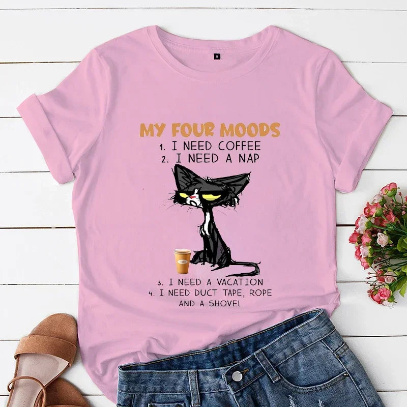 My Four Moods Lazy Cat Anime Tops Short Sleeves - Hiddengem