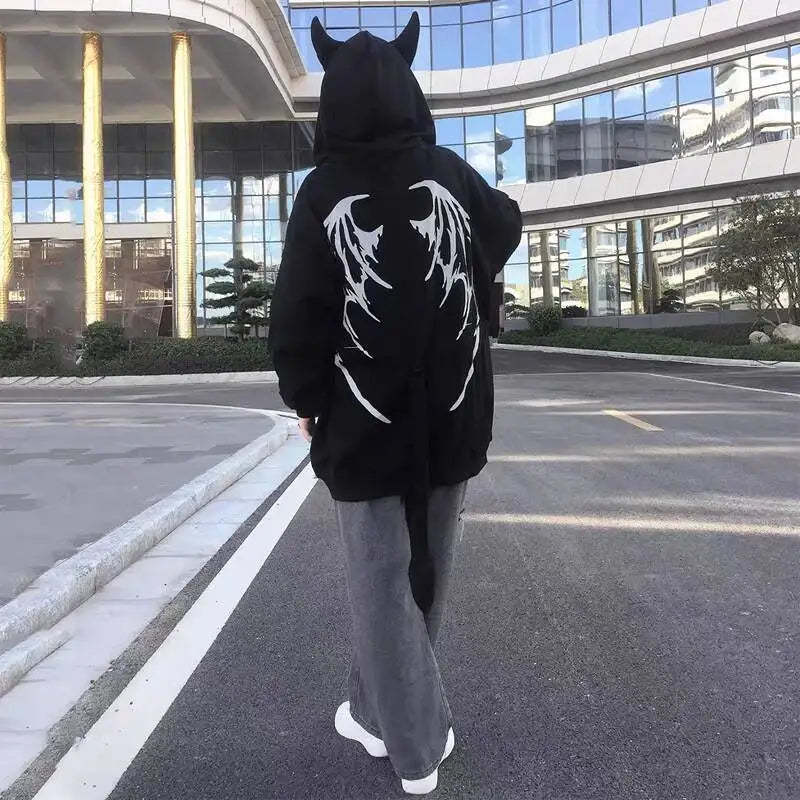 Harajuku Hoodies Women Gothic Devil Horn Hooded Sweatshirt - Hiddengem