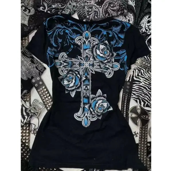 Streetwear Letter Cross Graphic T shirts - Hiddengem