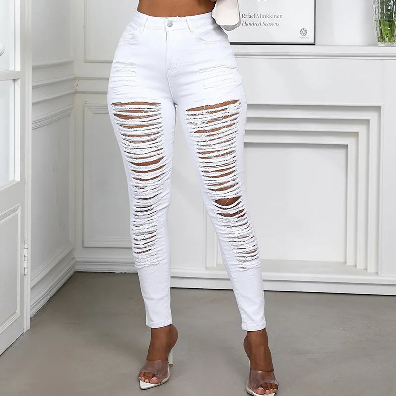 Elastic High Waisted Ripped Skinny Jeans - Hiddengem