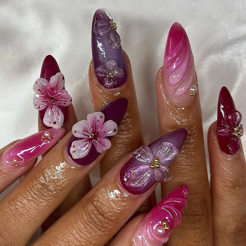 24Pcs Almond Press on Fake Nails 3D Flower - Hiddengem