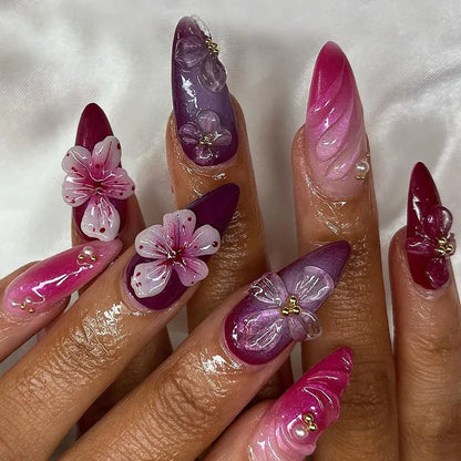 24Pcs Almond Press on Fake Nails 3D Flower - Hiddengem