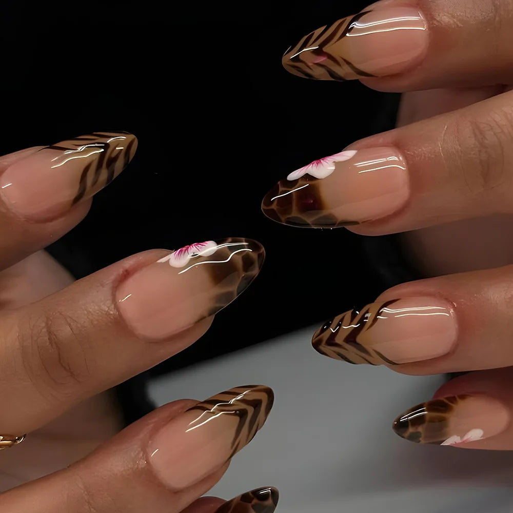 24Pcs Almond Press on Fake Nails 3D Flower - Hiddengem