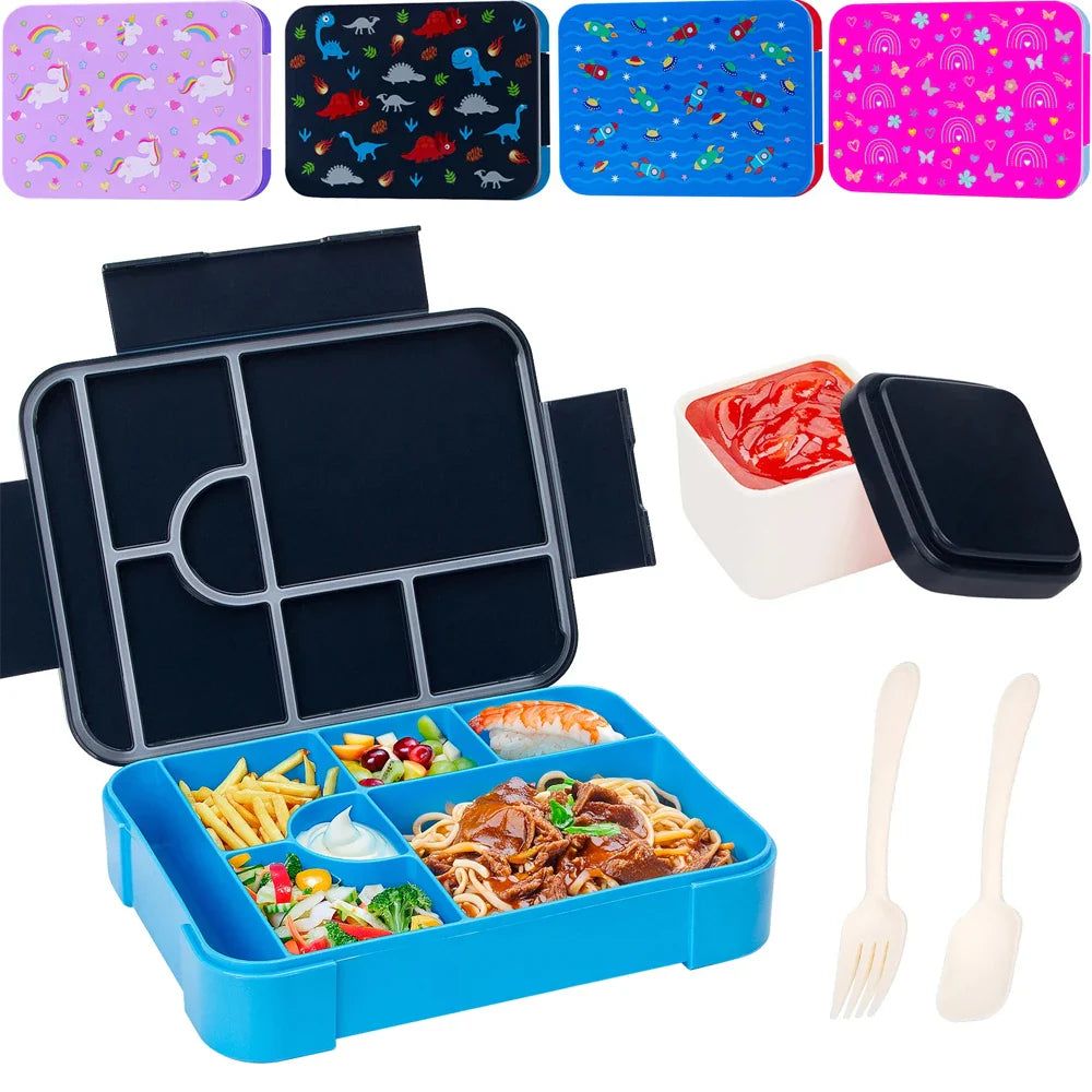 Kids portable divided lunchbox with multiple compartments, leakproof design, includes spoon and fork, comes in colorful adorable patterns.