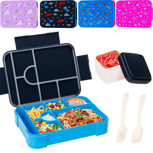Kids portable divided lunchbox with multiple compartments, leakproof design, includes spoon and fork, comes in colorful adorable patterns.
