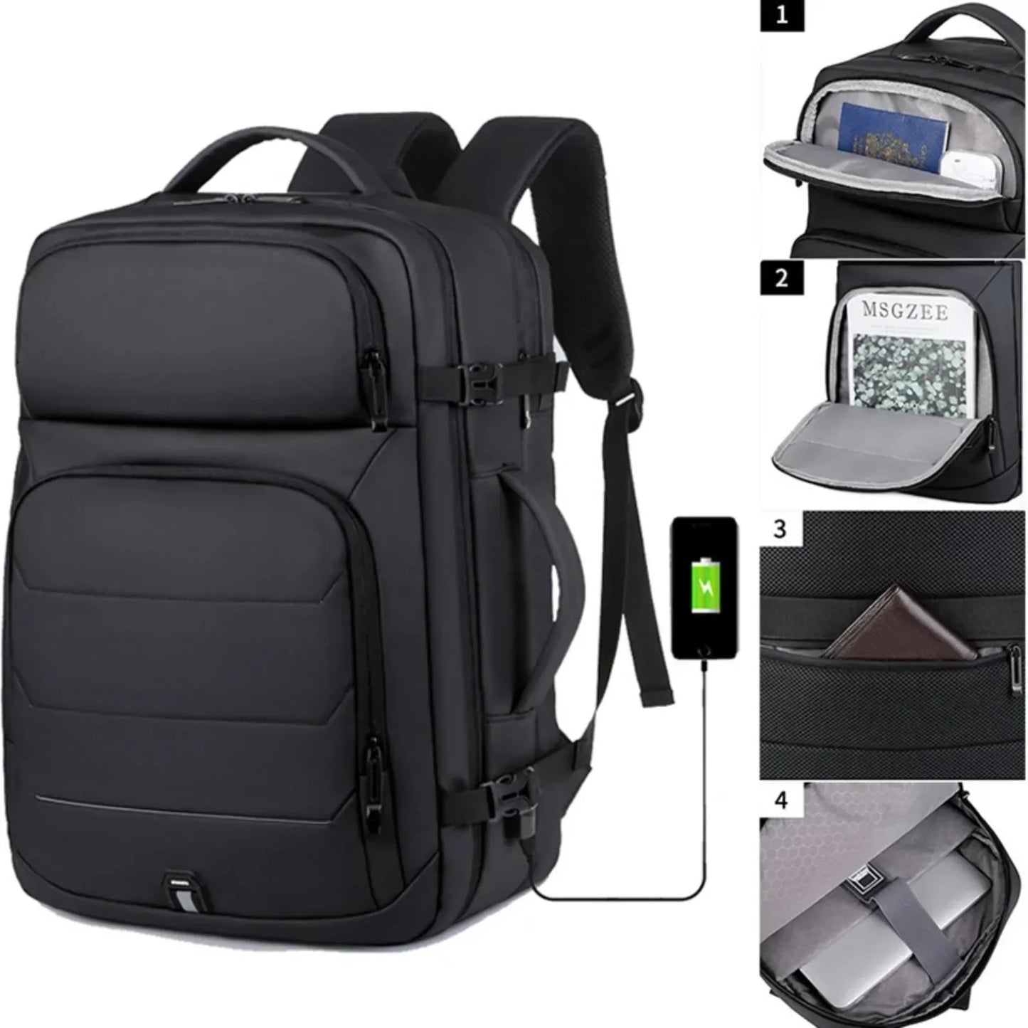 Black expandable waterproof laptop backpack with multiple compartments and USB charging port, unisex design