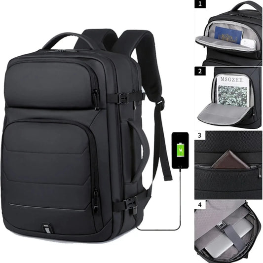 Black expandable waterproof laptop backpack with multiple compartments and USB charging port, unisex design