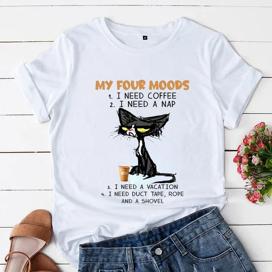 My Four Moods Lazy Cat Anime Tops Short Sleeves - Hiddengem