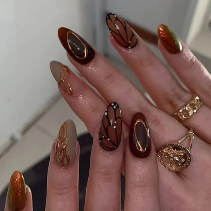 24Pcs Almond Press on Fake Nails 3D Flower - Hiddengem