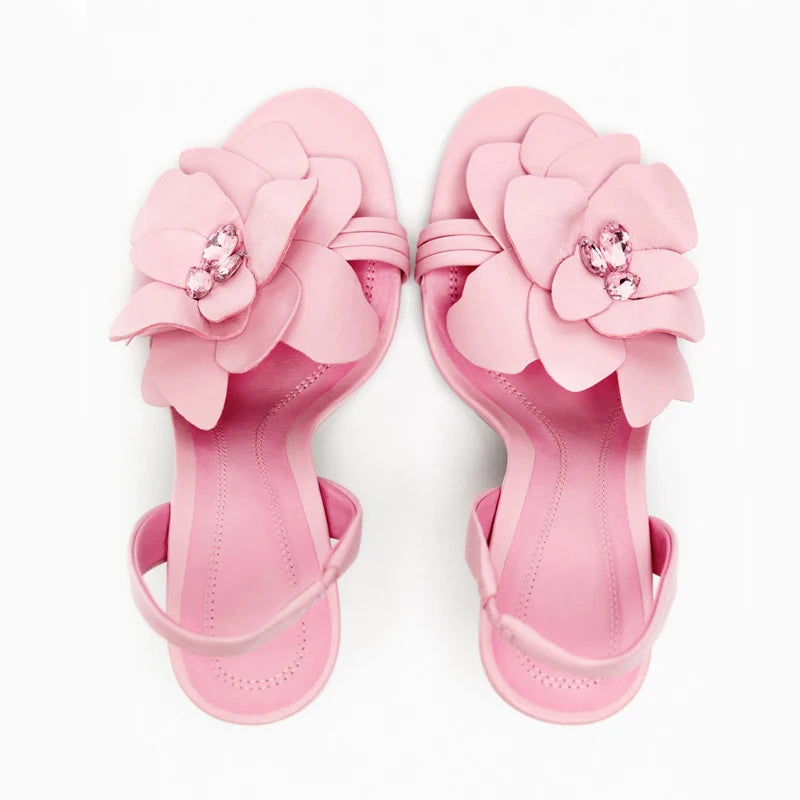 Pink Flower Decorated Goat Leather heels - Hiddengem