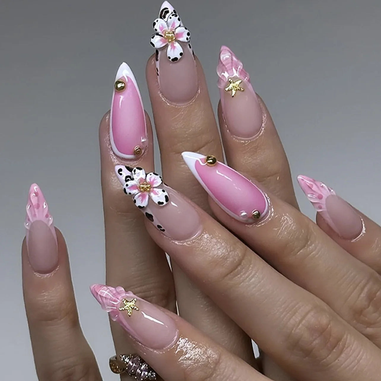 24Pcs Almond Press on Fake Nails 3D Flower - Hiddengem