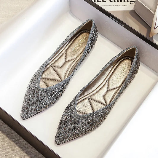 famous brand rivets flats women pointed toe glitter beading - Hiddengem
