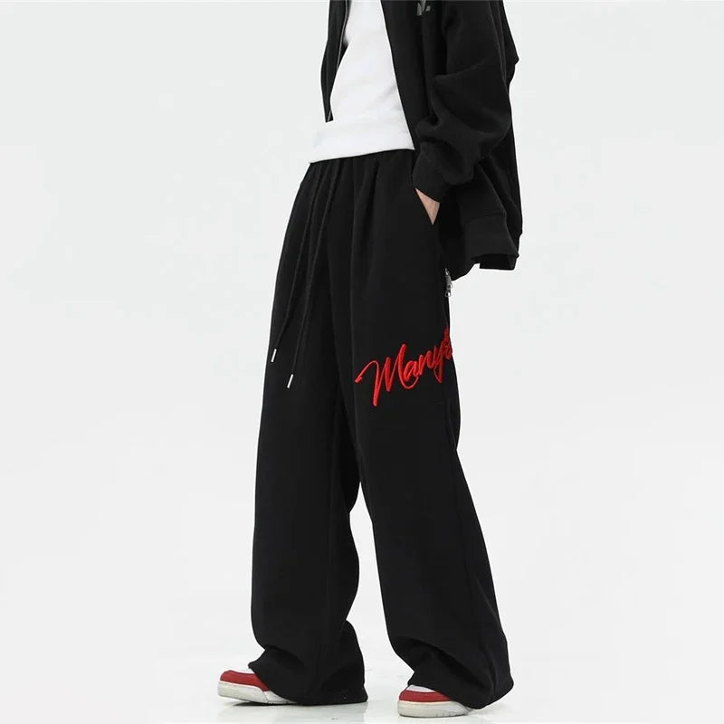 Men's Hip Hop Fashion Letter Printed Wide Leg Pants 2025 Y2K Streetwear Baggy Straight Pantalones Hombre New Gym Sports Trousers