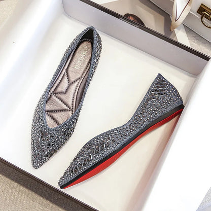 famous brand rivets flats women pointed toe glitter beading - Hiddengem