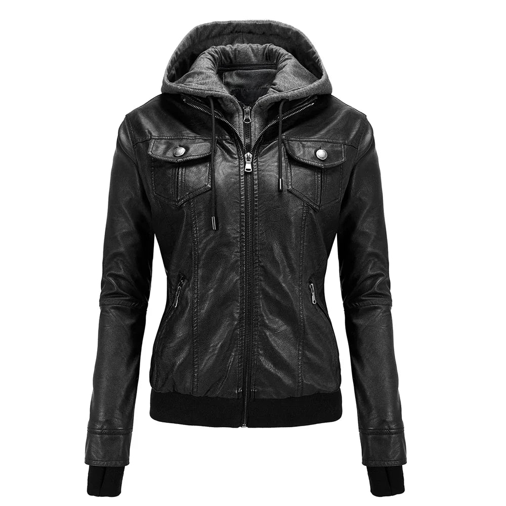 Autumn Winter Women's Motorcycle Jacket Black Slim - Hiddengem