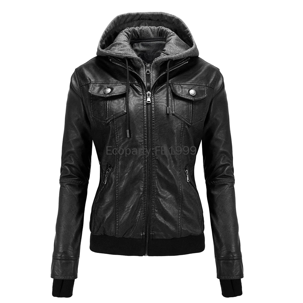 Autumn Winter Women's Motorcycle Jacket Black Slim - Hiddengem