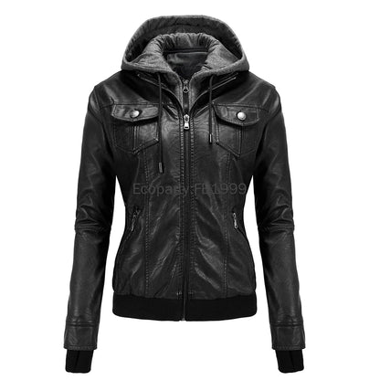 Autumn Winter Women's Motorcycle Jacket Black Slim - Hiddengem