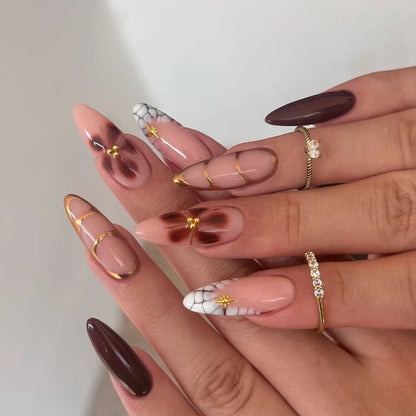 24Pcs Almond Press on Fake Nails 3D Flower - Hiddengem