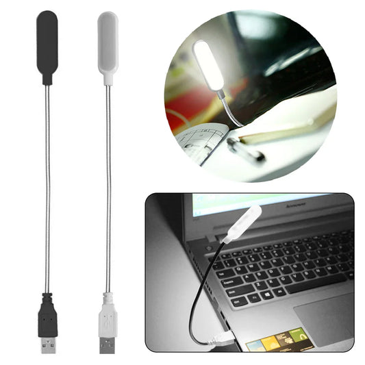 Portable flexible USB LED reading lamp with adjustable neck for laptops and desks, available in black and white colors.