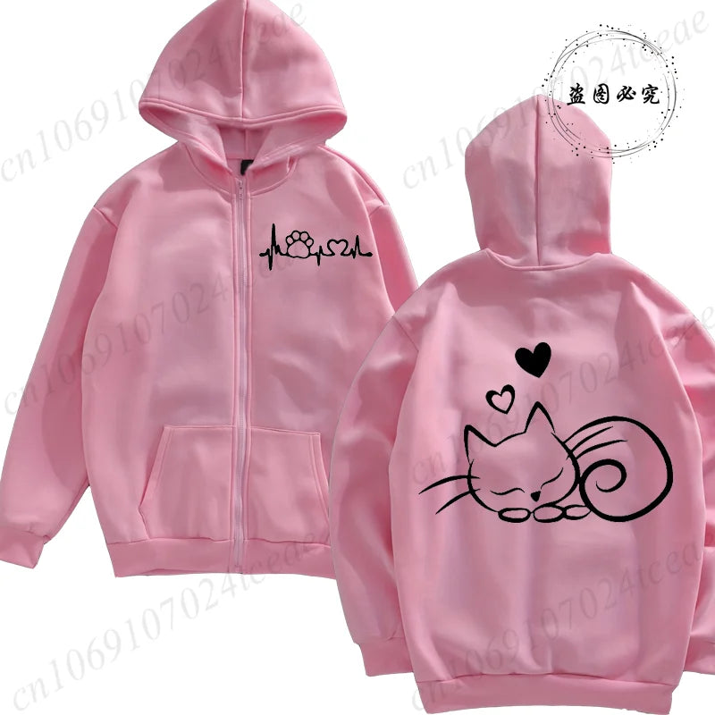 Hoodie New Cute Cat Heatbeat Sweatshirt Hip Hop - Hiddengem