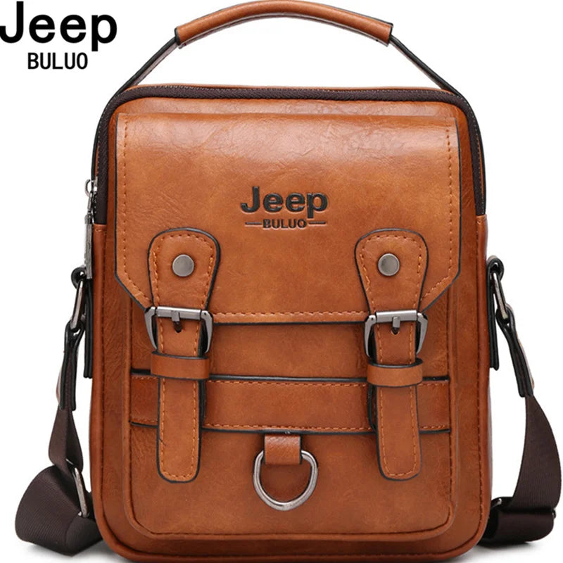 Brown multi-function business handbag for men with shoulder strap and buckle details, Jeep Buluo logo embossed.