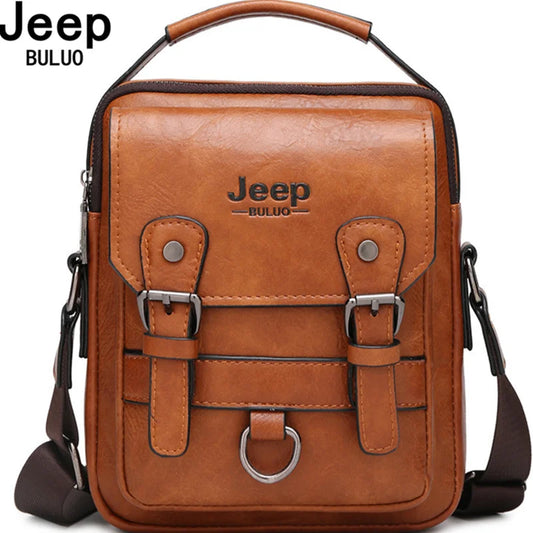 Brown multi-function business handbag for men with shoulder strap and buckle details, Jeep Buluo logo embossed.