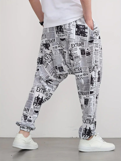 Men's newspaper printing - ultra loose jogging pants