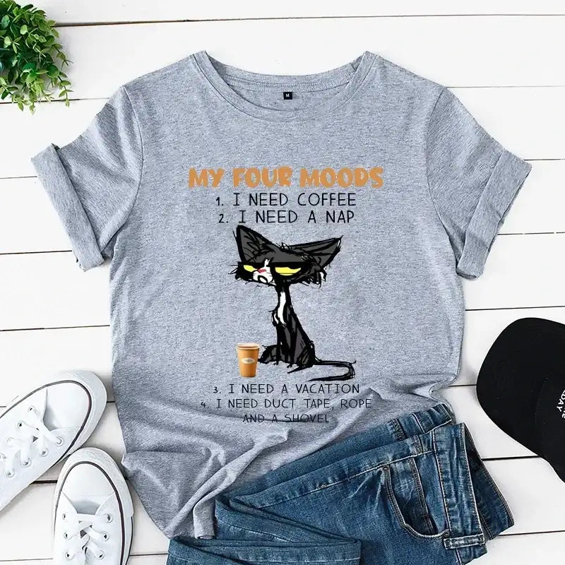 My Four Moods Lazy Cat Anime Tops Short Sleeves - Hiddengem