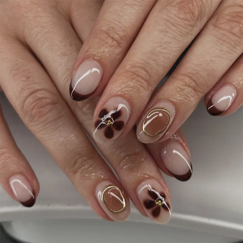 24Pcs Almond Press on Fake Nails 3D Flower - Hiddengem