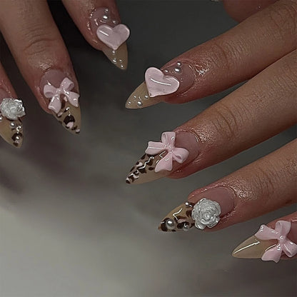 24Pcs Almond Press on Fake Nails 3D Flower - Hiddengem