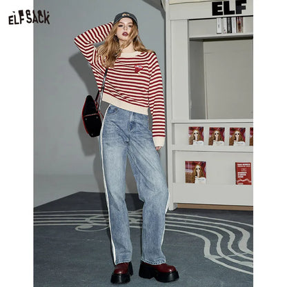 Casual Versatile Red Stripe Slim Fit Short Round Neck Sweater Women - Hiddengem