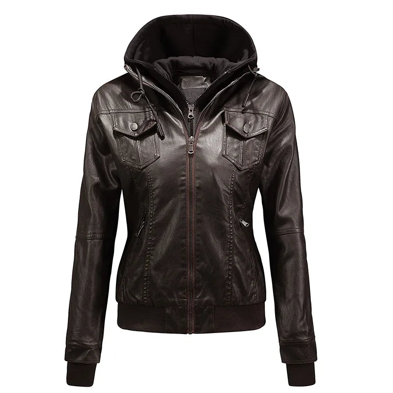 Autumn Winter Women's Motorcycle Jacket Black Slim - Hiddengem