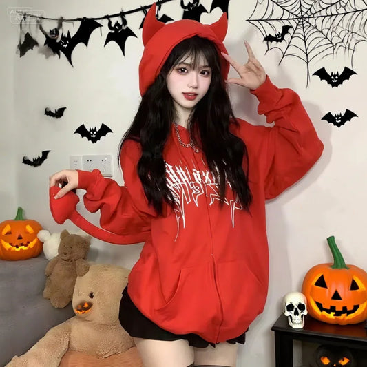 Harajuku Hoodies Women Gothic Devil Horn Hooded Sweatshirt - Hiddengem
