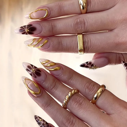 24Pcs Almond Press on Fake Nails 3D Flower - Hiddengem